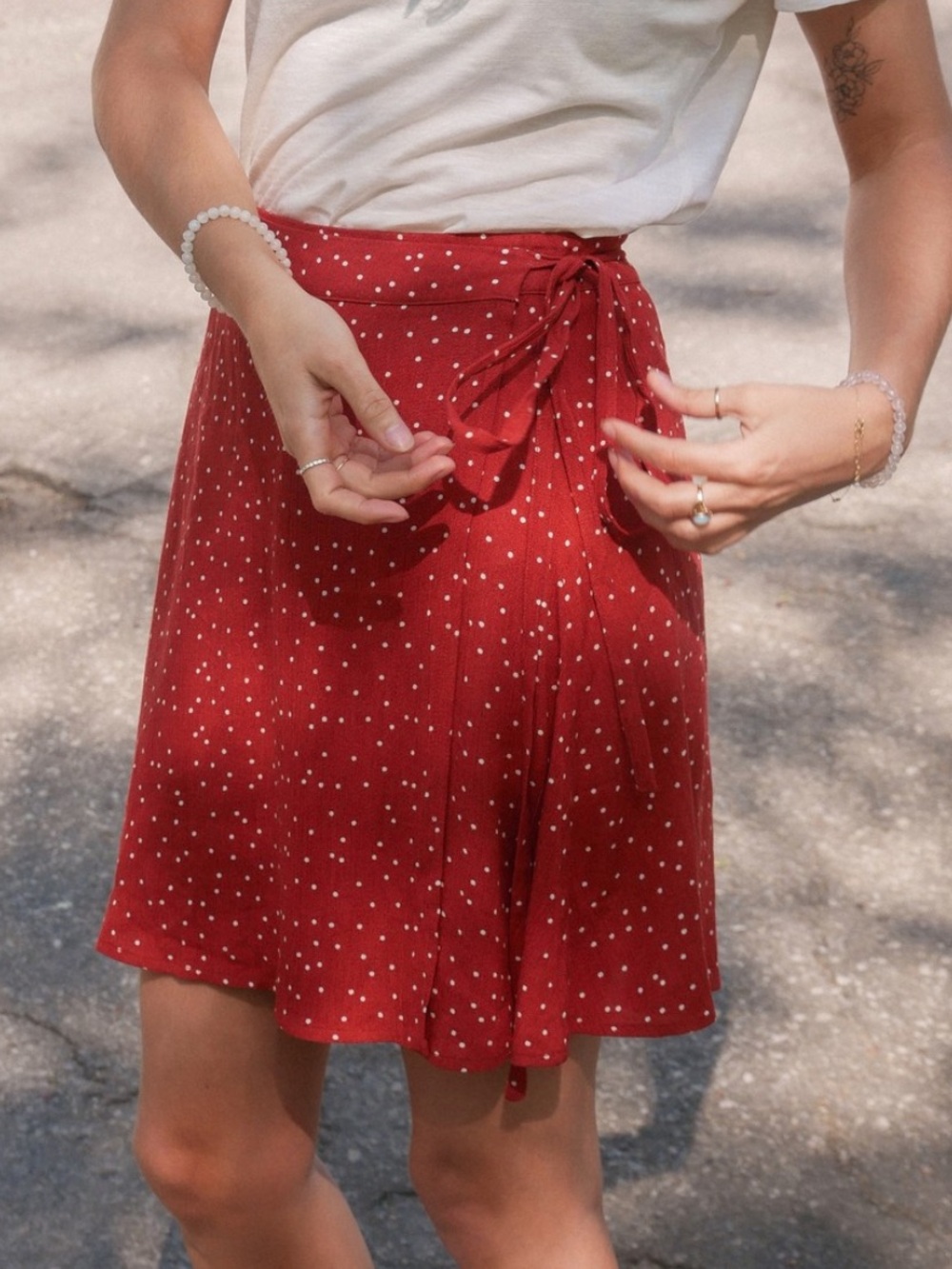 Rust polka dot wrap mini skirt